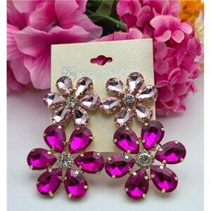Daisy Fuentes Floral Drop Earrings Pink Crystal Gold Tone 3 Inch Statement